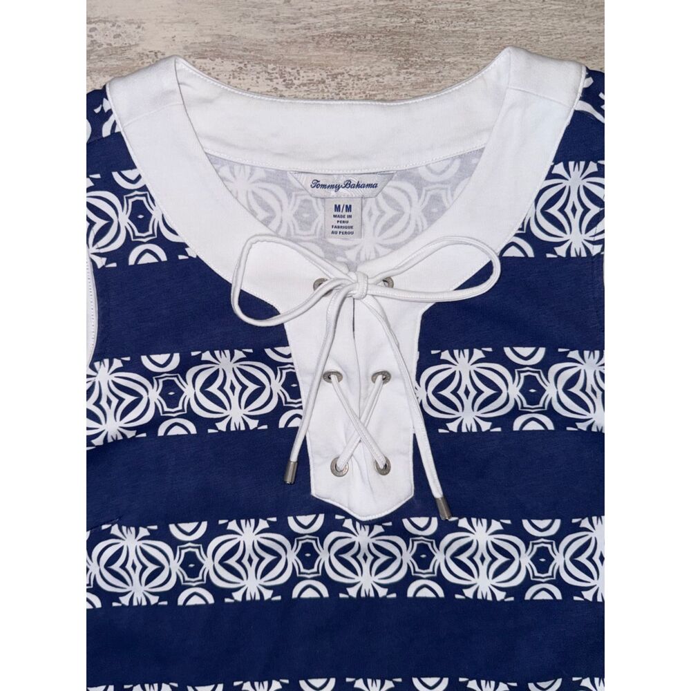 Tommy Bahama Sleeveless Pima Cotton Lace-Up Shift Dress Blue White Print Medium - Picture 3 of 9